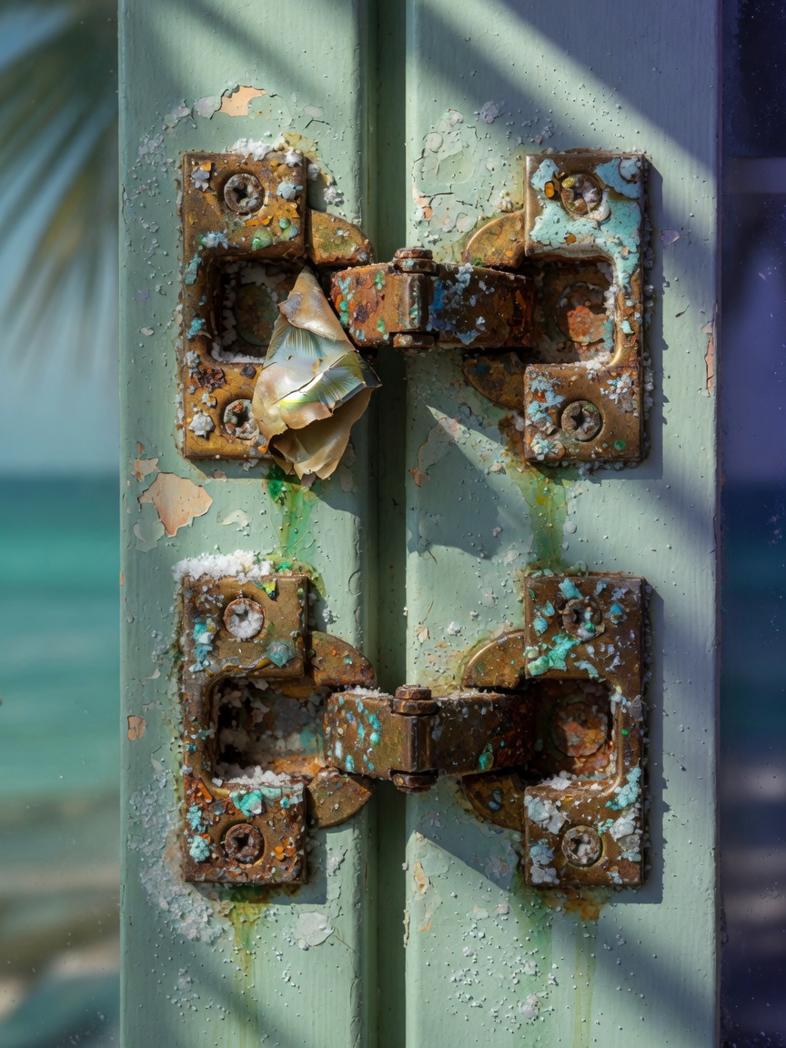Close-up 8K image of corroded cabinet hinges affected by salt air corrosion in a coastal Florida home, realistic metal oxidation and peeling finish, professional photography