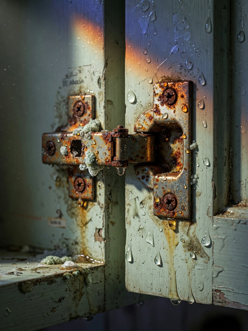 Ultra-realistic 8K close-up of cabinet hinge area showing rust and salt air corrosion in a humid Alico Florida home, water droplets visible, dramatic lighting, photorealistic texture