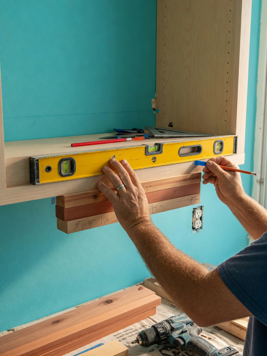 Ultra-realistic 8K close-up of carpenter using shims and level to install kitchen cabinet against turquoise wall in Bonita Springs residence, precise hand positioning, natural lighting, hyper detailed tools and wood textures