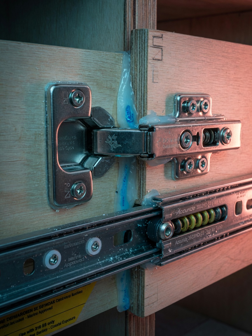 Close-up 8K image of corrosion-resistant cabinet hinges and slides designed for Southwest Florida salt air, professional installation on marine-grade plywood, visible moisture barriers, realistic hardware details, technical product photography style