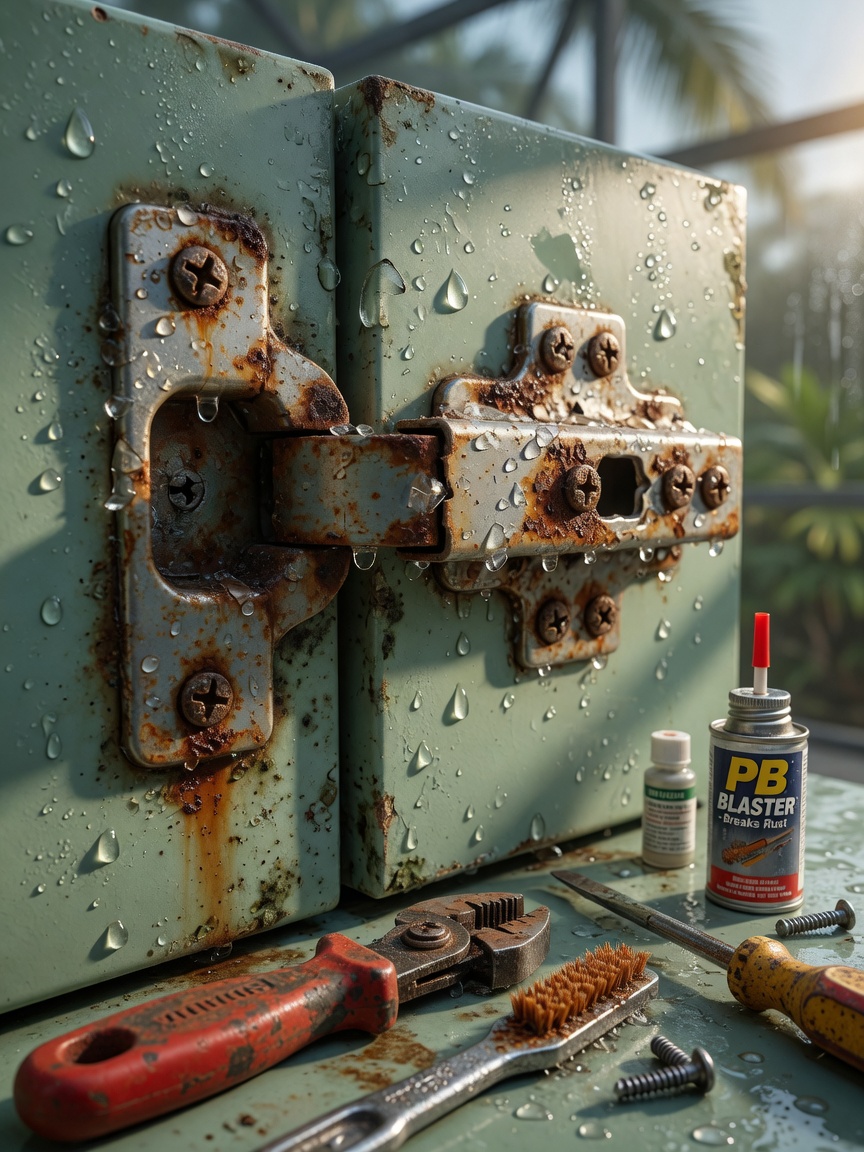 Close-up ultra-realistic 8K image of rusted cabinet hinges and corroded screws caused by Southwest Florida salt air exposure on a humid summer day, water droplets on surfaces, professional repair tools nearby