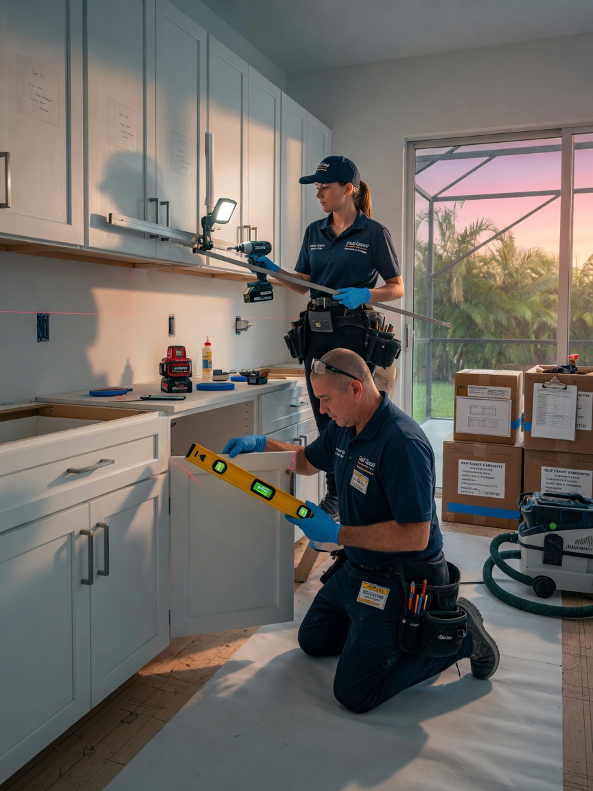 Professional 8K image of licensed technicians carefully installing custom kitchen cabinets in a Fort Myers home, wearing branded uniforms, precise alignment tools visible, clean workspace