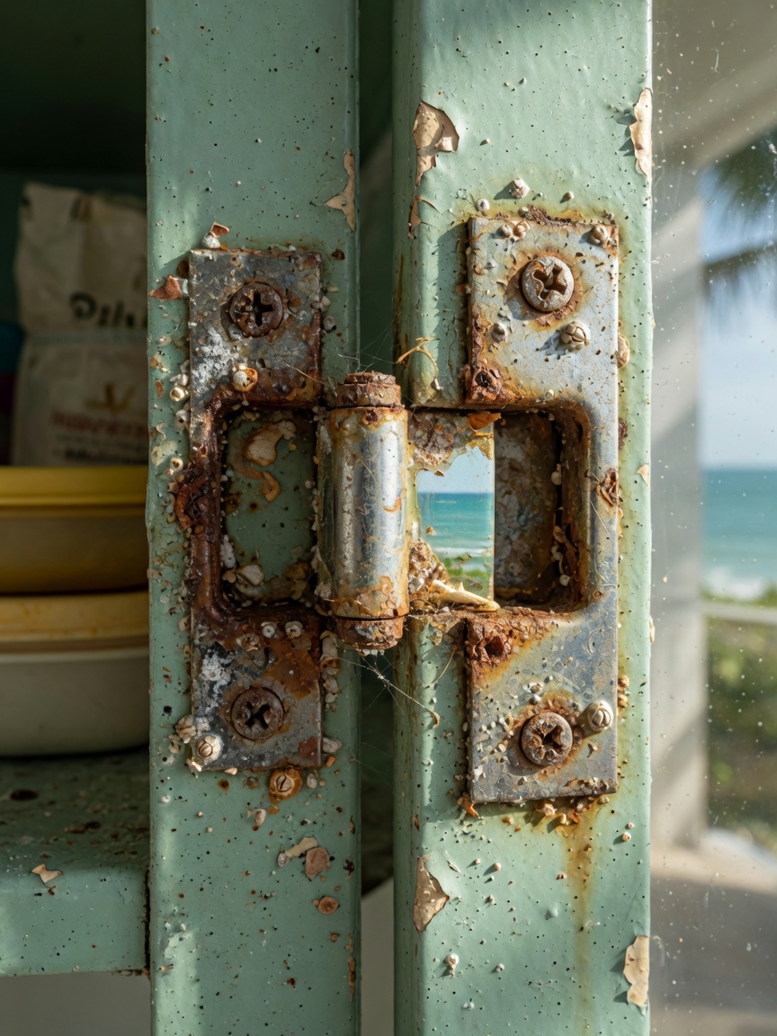 Ultra-realistic 8K close-up image of salt air corrosion on metal cabinet hinges in a Southwest Florida coastal home, visible pitting and rust, natural daylight, macro photography style