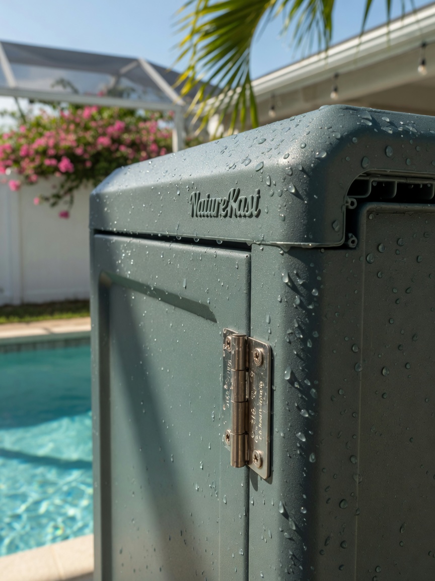 Close-up 8K image of NatureKast weatherproof outdoor cabinet corner detail showing marine-grade construction, water beading on surface, stainless hinges, realistic water droplets, natural daylight in Cape Coral backyard setting
