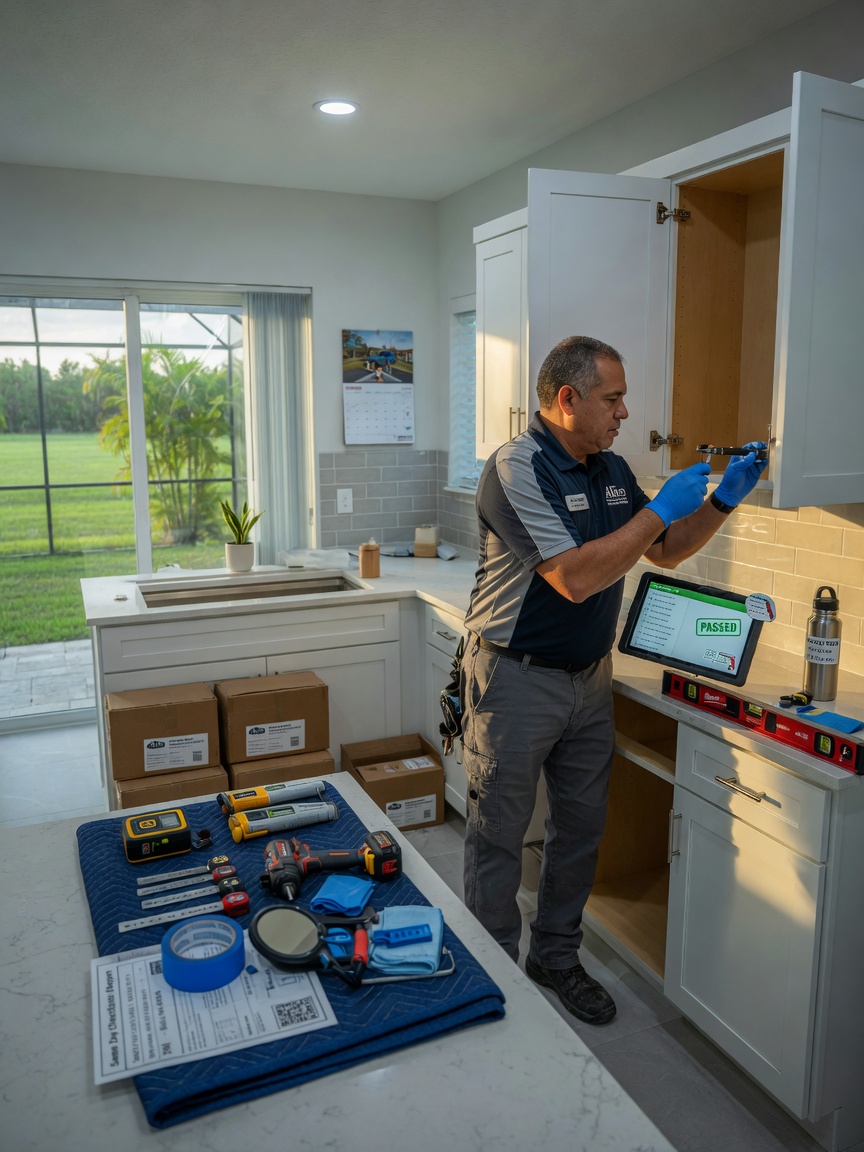Professional technician in uniform performing same day Checkout on kitchen cabinets inside a clean Alico Florida residence, tools neatly arranged, realistic details, 8K resolution