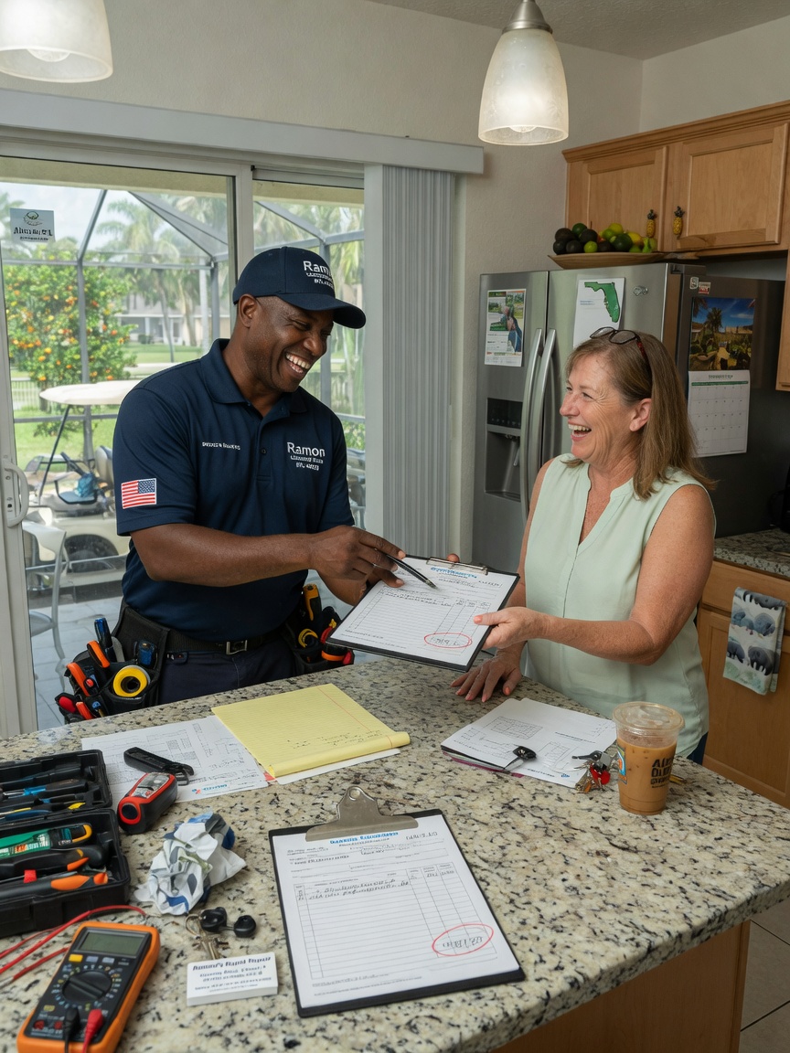 Ultra-realistic 8K photograph of a uniformed local repair technician giving a written estimate to a homeowner at a kitchen island in Alico Florida, both people smiling, clipboard and tools present