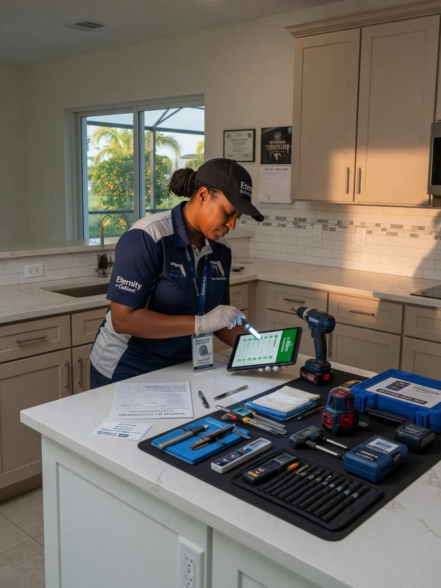Professional technician in Eternity Cabinet uniform performing same day Checkout on kitchen cabinets in an Alico Florida home, tools neatly arranged, realistic interior lighting