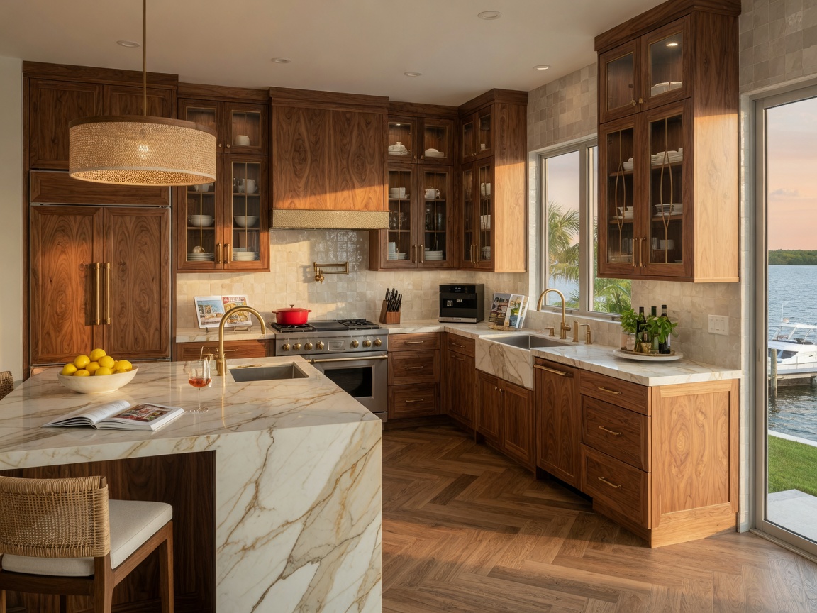 Ultra-realistic 8K photo of a completed luxury kitchen with custom cabinets in a Bonita Springs waterfront property, warm afternoon sunlight, high-end appliances and detailed wood grain textures