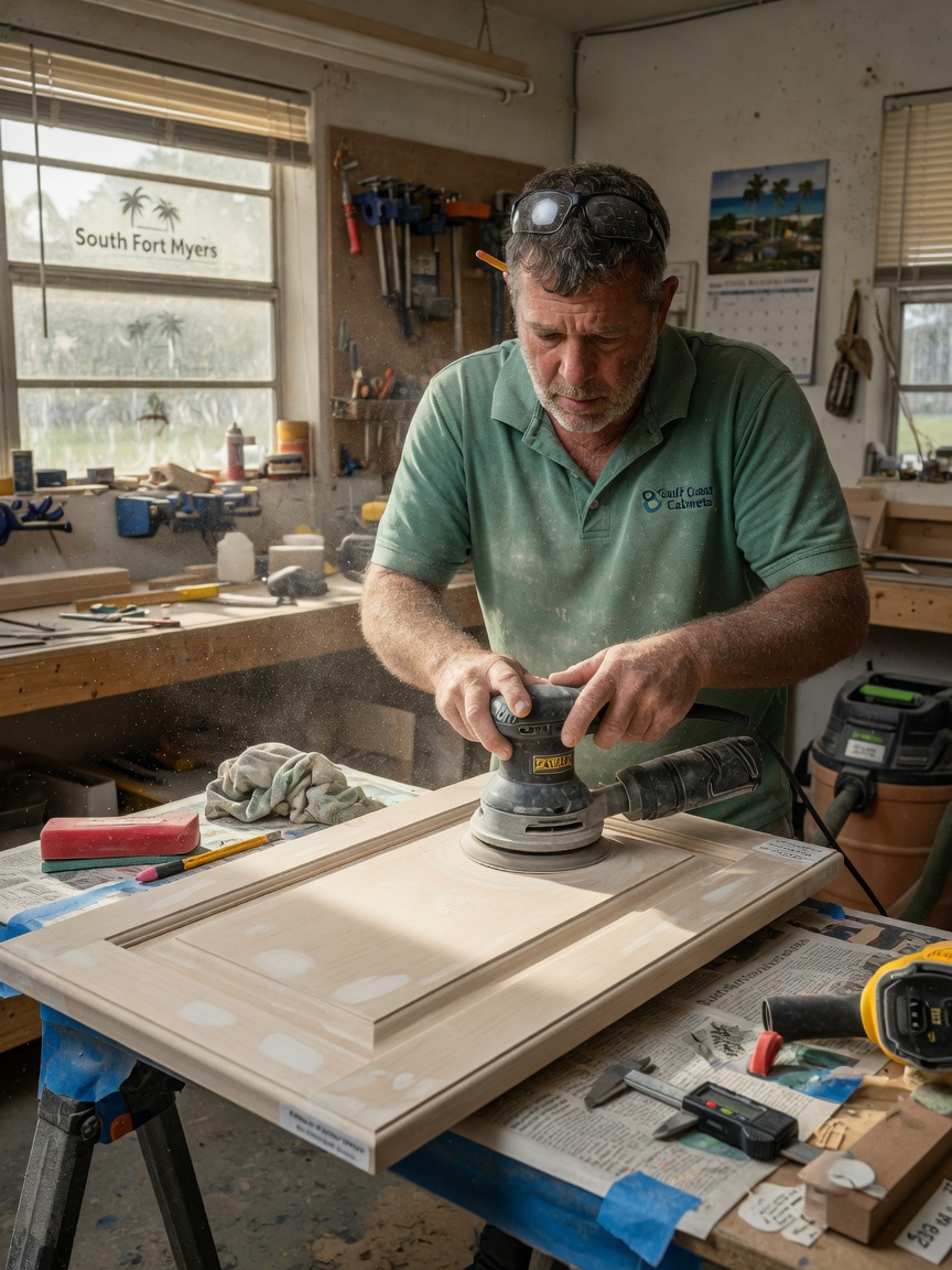 Ultra-realistic 8K close-up of professional technician carefully sanding cabinet door in a South Fort Myers workshop, fine dust particles, precision tools visible, focused expression, natural workshop lighting
