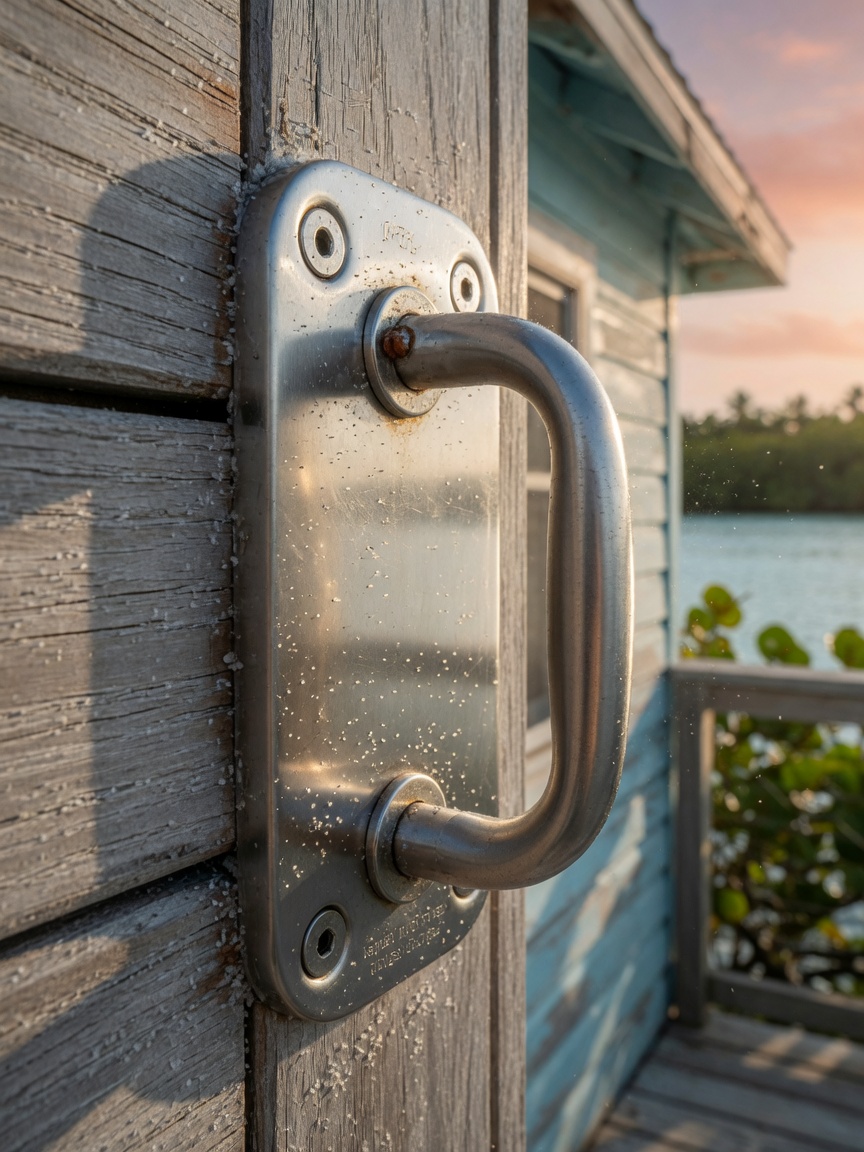 Close-up of marine-grade cabinet hardware resisting rust in salt air environment, Naples Florida home, detailed texture of stainless steel components, 8K ultra realistic