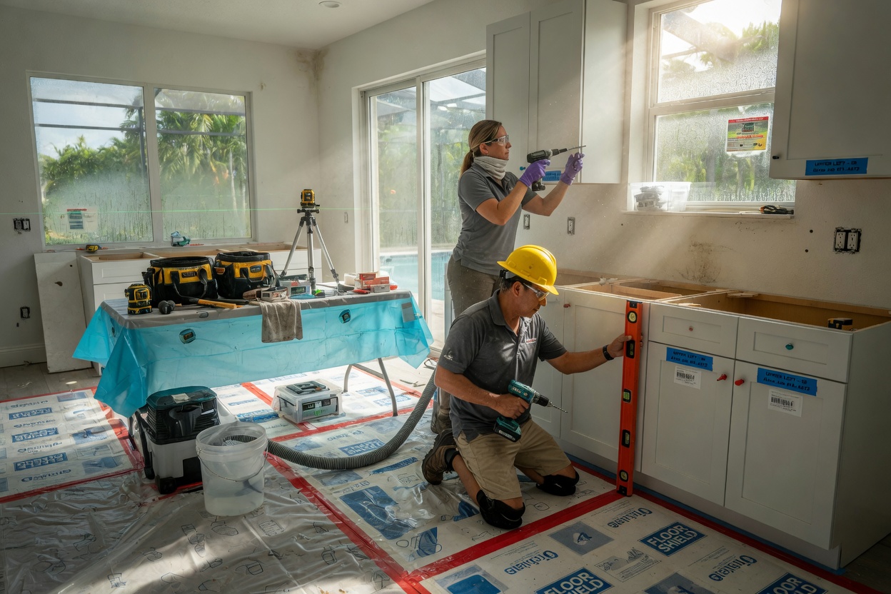 Ultra-realistic 8K photo of professional installers carefully leveling and anchoring kitchen cabinets in a humid Florida environment, protective floor coverings, tools neatly organized, summer sunlight streaming through windows in an Alico home