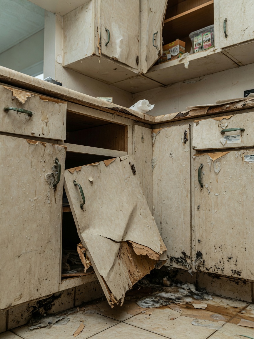 Ultra-detailed 8K photograph showing water damaged commercial cabinets with peeling laminate and warped doors in an Alico apartment kitchen, natural disaster aftermath aesthetic, realistic textures and moisture effects