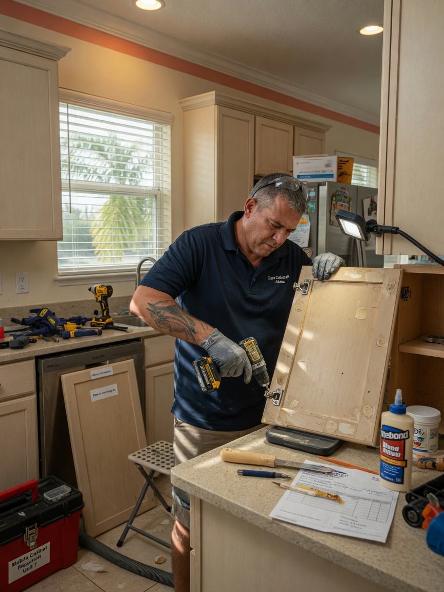 Ultra-realistic 8K image of professional cabinet technician performing same day Shop repair on kitchen cabinet in Cape Coral Florida home, tools visible, focused expression, natural interior lighting