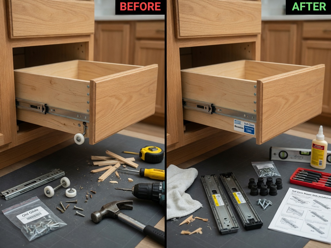 Detailed 8K image showing before and after comparison of a broken cabinet drawer glide being replaced with high quality soft close hardware, tools and parts neatly arranged