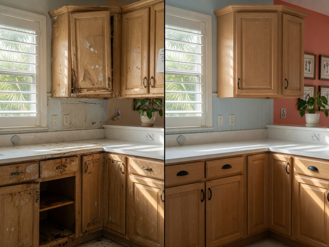 Before and after split view of damaged versus professionally restored kitchen cabinets in a Southwest Florida home, natural lighting, ultra-realistic textures and colors