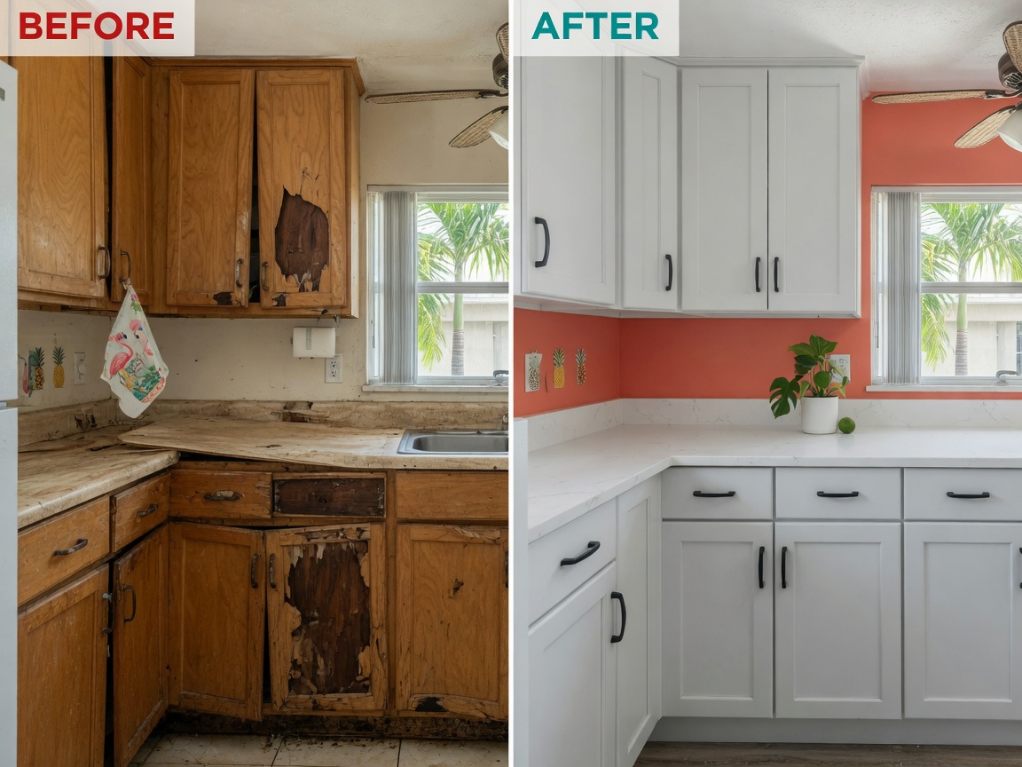Before and after split image showing damaged humid-swollen cabinets on left and perfectly aligned repaired cabinets on right in Southwest Florida kitchen, 8K detail