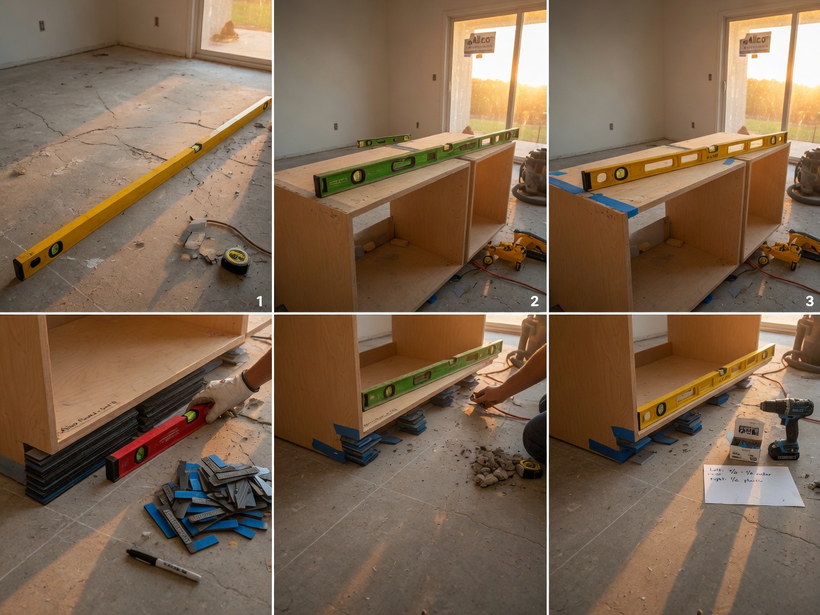 Ultra-realistic 8K image showing the step-by-step process of leveling base cabinets on an uneven concrete floor typical of Alico homes in South Fort Myers, with construction levels and shims visible