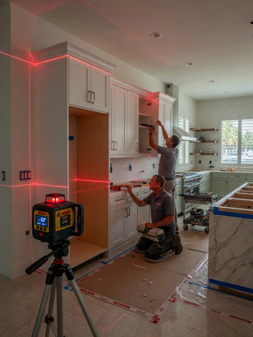 Detailed 8K image of laser level being used during professional kitchen cabinet installation in a luxury Naples 34102 kitchen, perfectly aligned cabinets, dust protection on floors