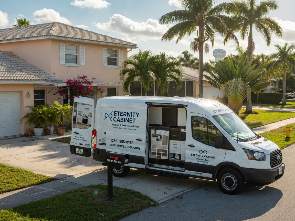 Professional 8K image of a fully stocked Eternity Cabinet service van parked outside a North Fort Myers residential home, clean branding, sunny Florida day, palm trees in background