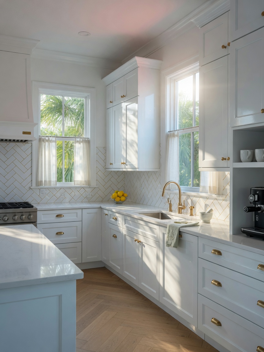 Ultra-realistic 8K image of freshly restored glossy white shaker style kitchen cabinets in an Alico Florida home, clean countertops, modern backsplash, bright morning light, luxurious feel