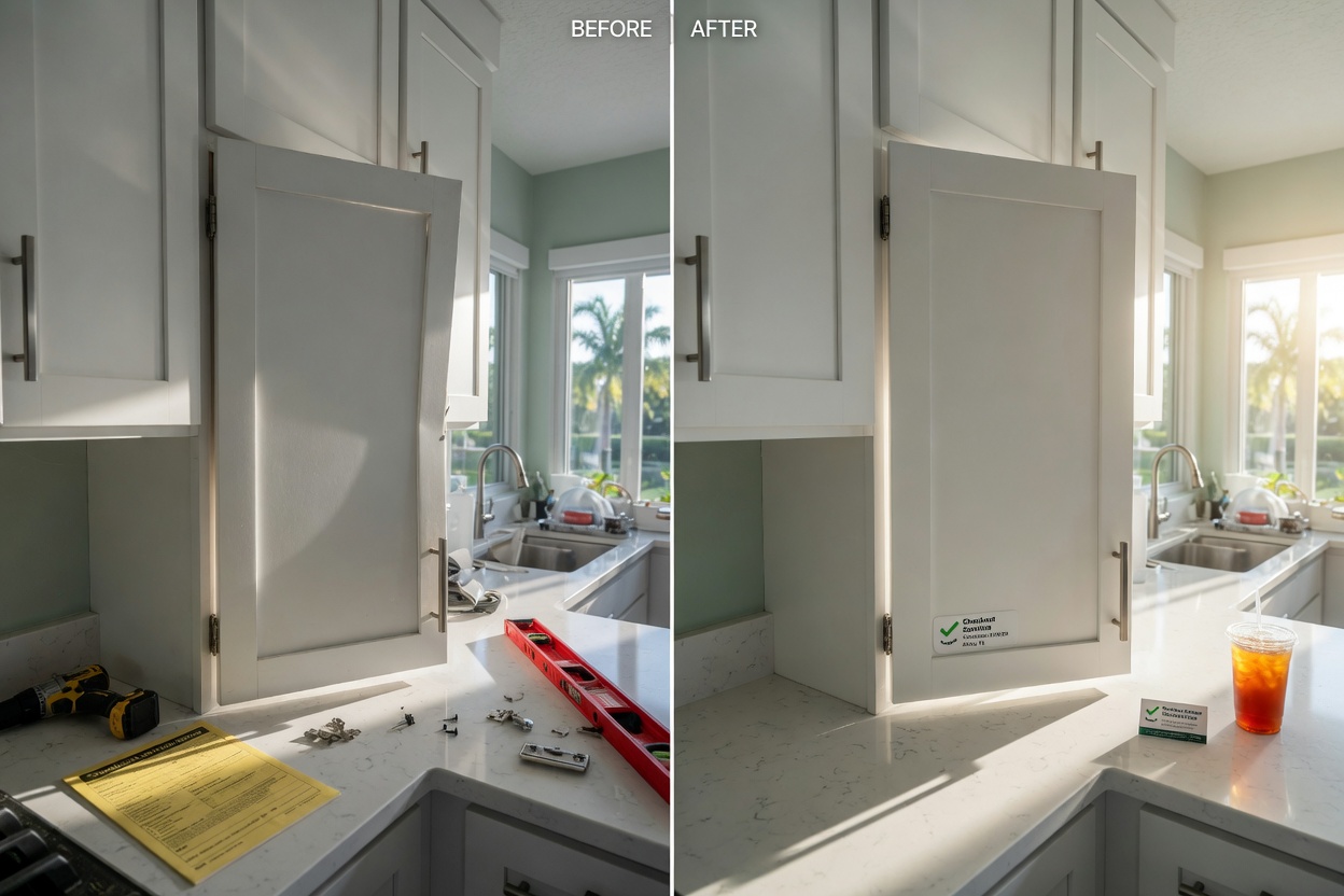Ultra-realistic 8K before and after split image of cabinet door realignment after Checkout service, clean modern kitchen in Alico Florida, natural window light