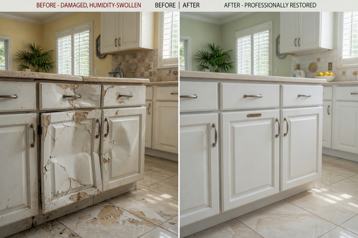 Before and after split image showing damaged humidity-swollen cabinet versus professionally restored cabinet in Naples 34102 kitchen, natural lighting, photorealistic 8K