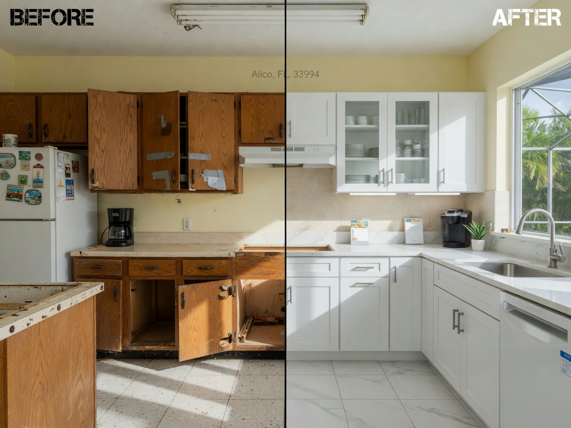 Ultra-realistic 8K photo showing before and after split view of kitchen cabinet installation in Alico Florida home, left side old damaged cabinets, right side fresh professional installation, natural lighting