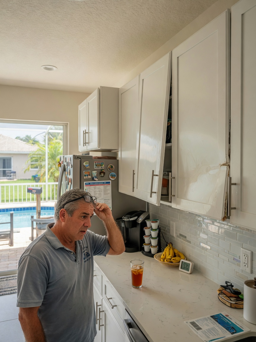 Ultra-realistic 8K photograph of a Cape Coral homeowner inspecting warped cabinet doors caused by summer humidity, concerned expression, bright modern kitchen, 33909 residential setting