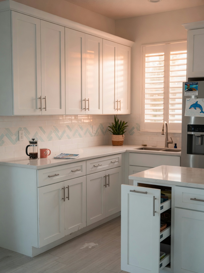Ultra-realistic 8K photo of a Cape Coral 33914 kitchen with multiple cabinet doors properly aligned after professional repair, warm morning light, clean modern style