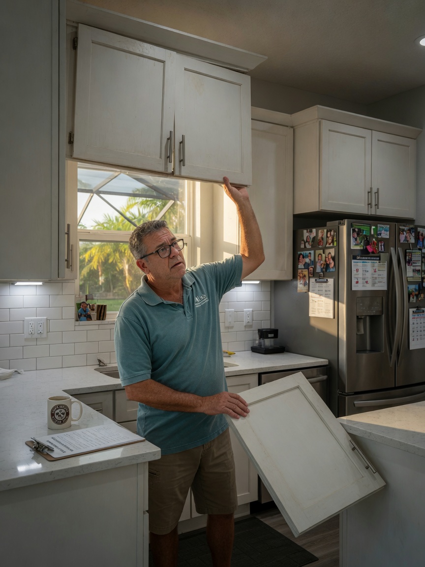 Ultra-realistic 8K photograph of a homeowner in Alico / South Fort Myers inspecting sagging cabinet doors, concerned expression, modern suburban kitchen interior