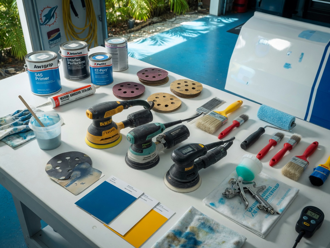Ultra-realistic 8K photo of tools and materials used for professional Cart including marine-grade coatings, sanders, and brushes laid out on a clean workbench in a South Florida garage