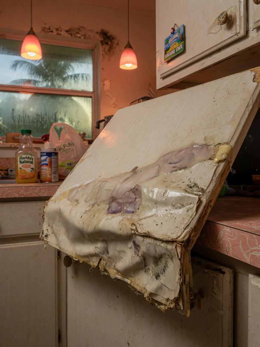 Detailed 8K photograph of moisture damaged swollen cabinet panel edges in humid Southwest Florida environment, visible delamination, kitchen setting with warm lighting