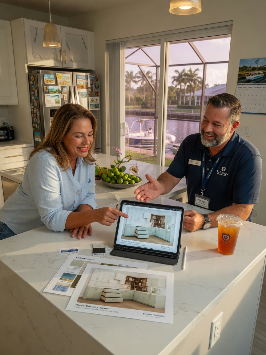 8K ultra-realistic photo of a homeowner consulting with Eternity Cabinet designer at a kitchen island in Cape Coral 33914, 3D renderings on tablet, friendly professional atmosphere