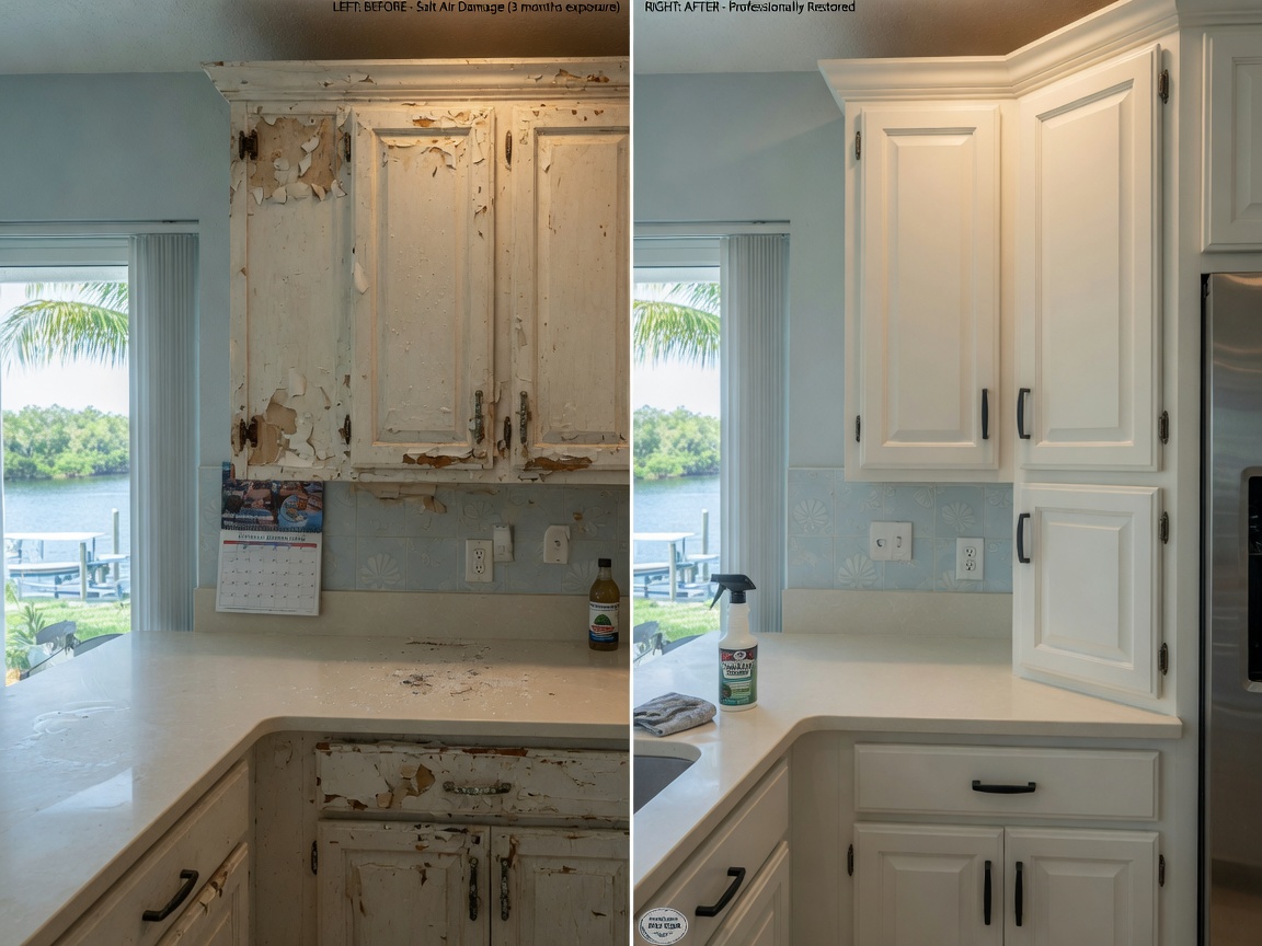 Ultra-realistic 8K image showing before and after split view of cabinet Shop repair in Southwest Florida home, left side damaged by salt air, right side professionally restored, clean lighting