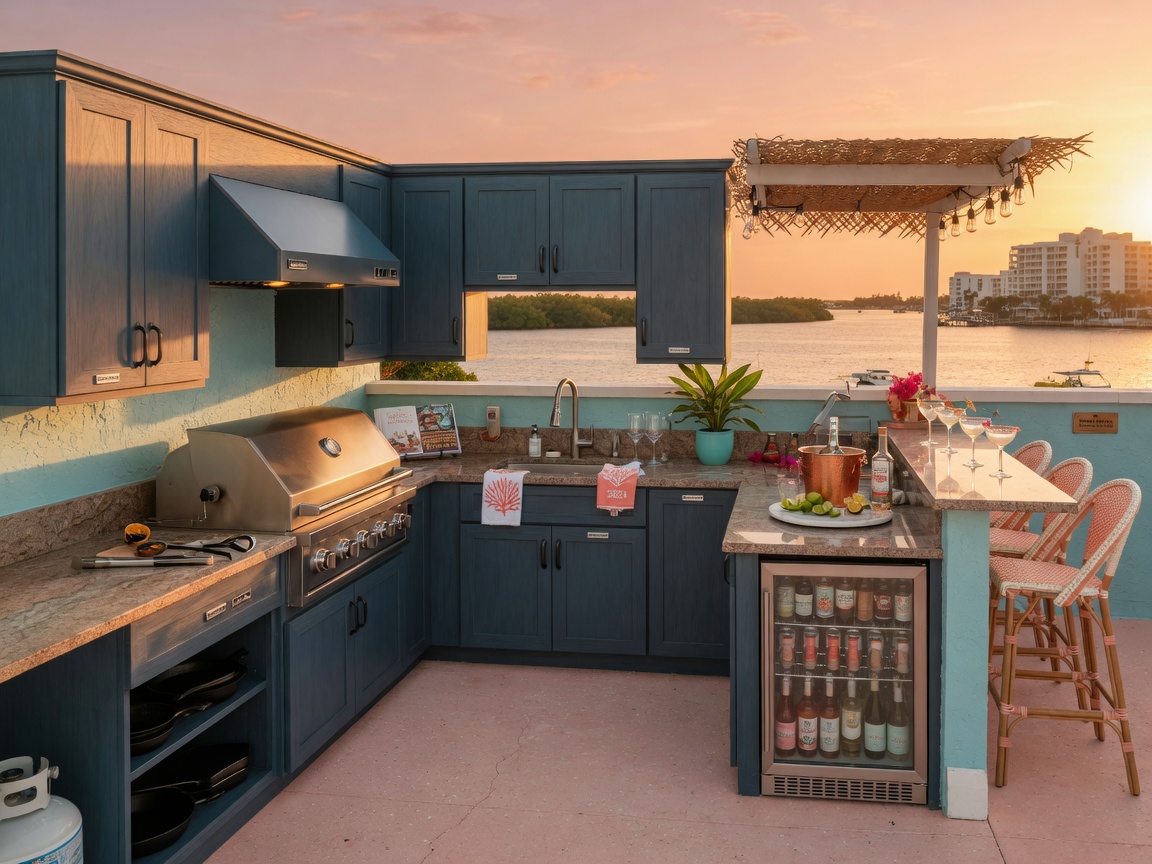 8K cinematic view of a complete outdoor kitchen with multiple NatureKast weatherproof outdoor cabinets, grill station, sink, and bar area on a Cape Coral Florida patio at golden hour with realistic lighting