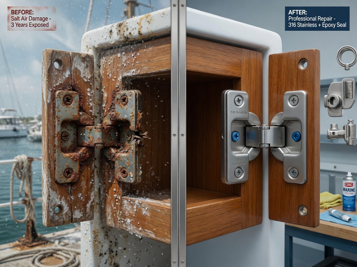 Before and after split screen ultra-realistic 8K image of cabinet hinge repair, left side showing rust and damage from salt air, right side showing clean professional repair with marine grade hardware