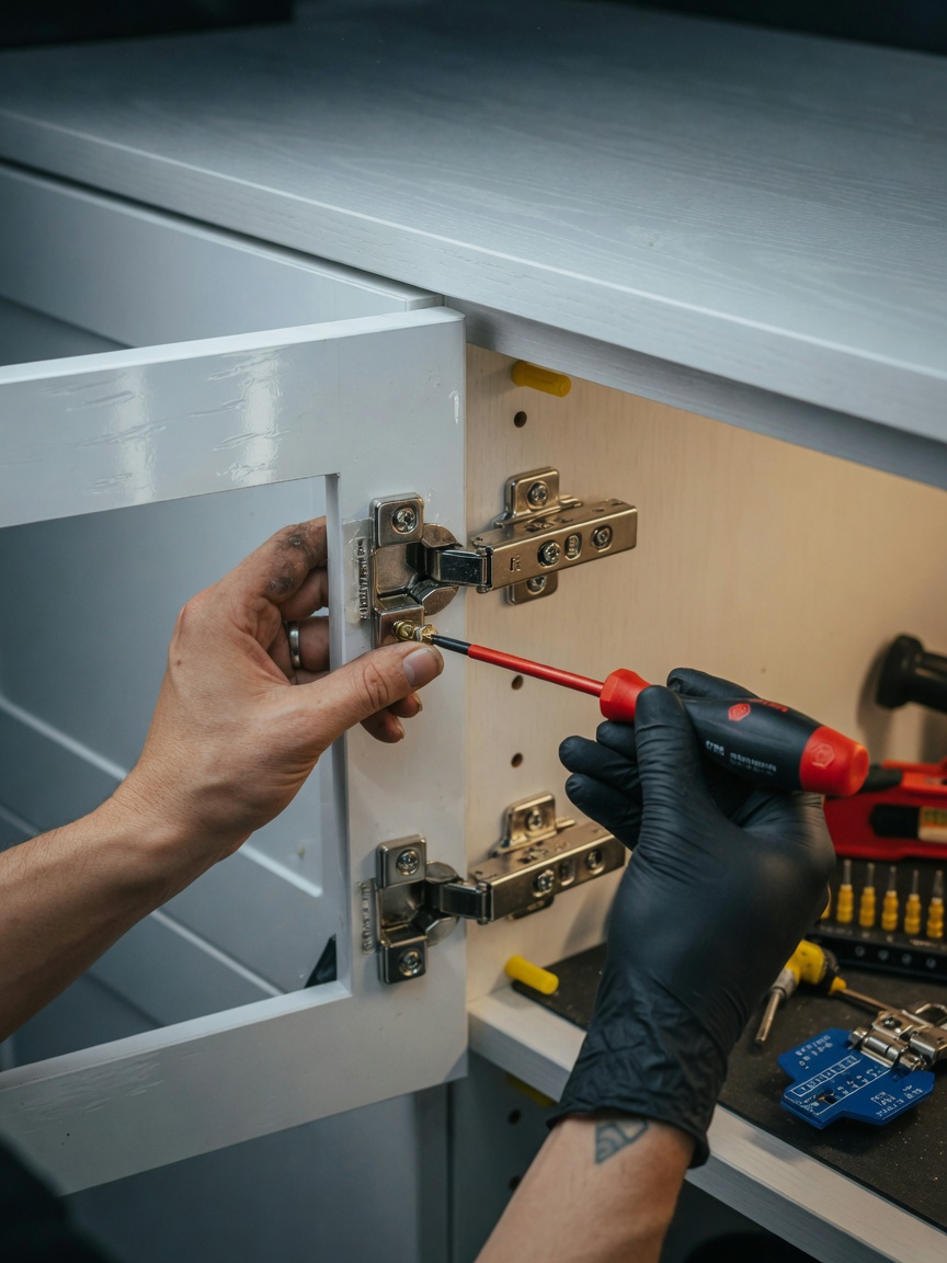 Close-up 8K realistic image of a technician adjusting European style cabinet hinges with precision screwdriver, focused hands and hardware, workshop lighting