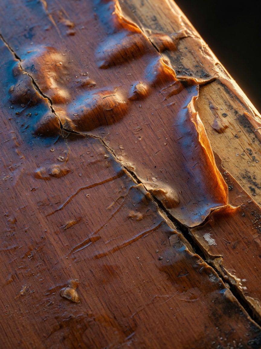 Detailed 8K macro shot of moisture damaged cabinet wood showing swelling, cracking, and delamination caused by Southwest Florida humidity