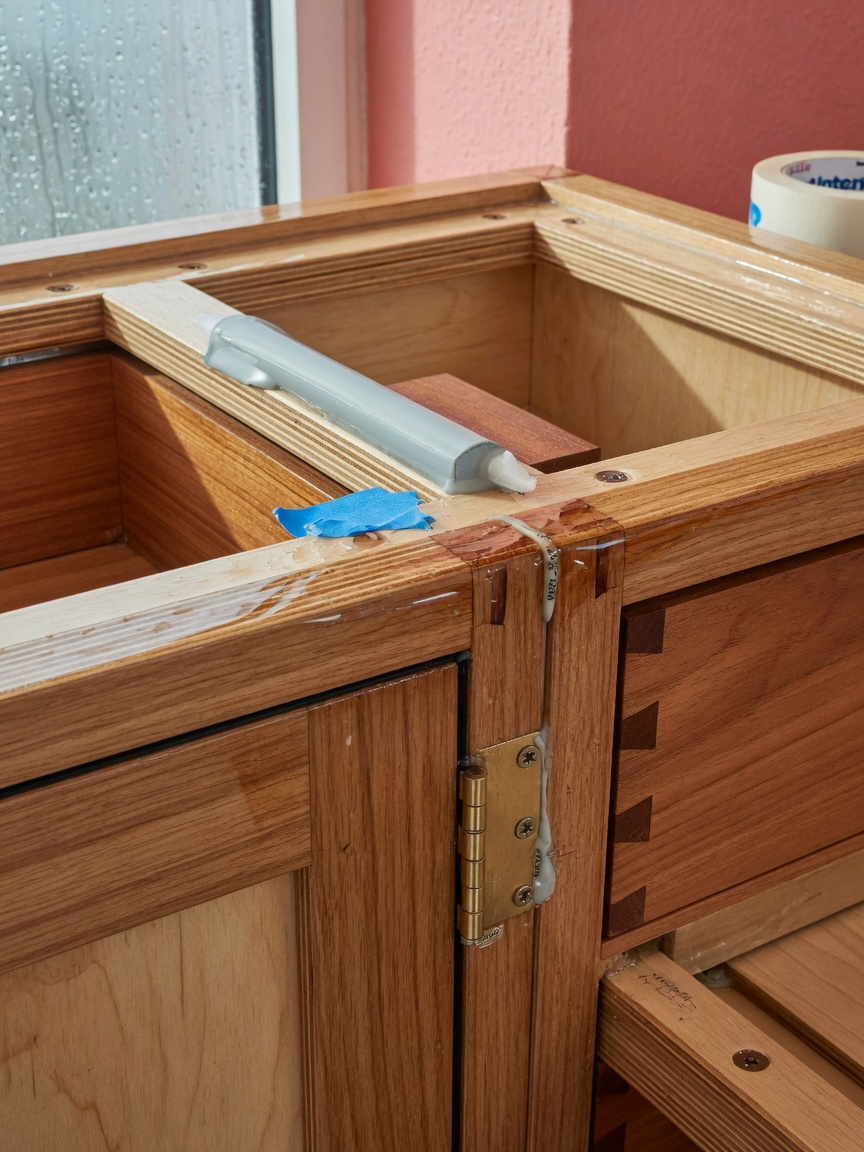 Ultra-realistic 8K close-up of high-quality marine-grade plywood cabinet construction with proper sealing techniques for humid Florida climate, showing detailed joinery and finishes