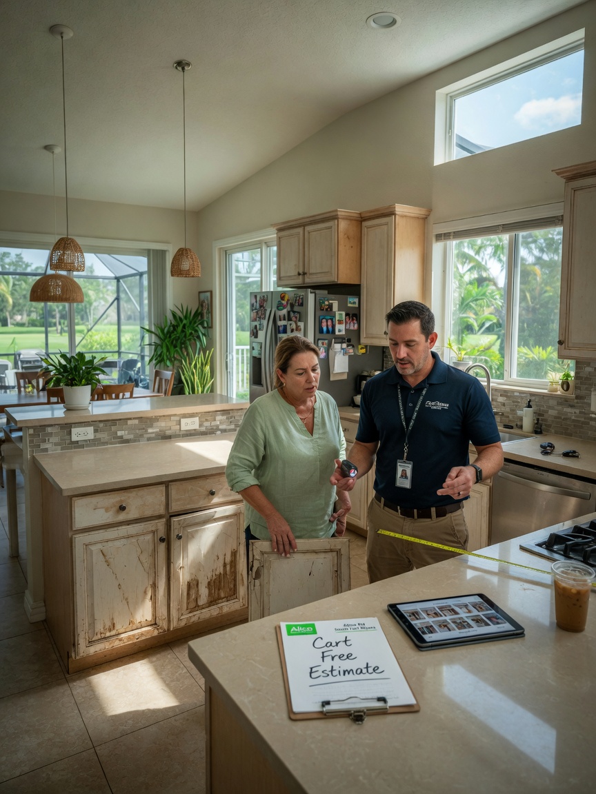 Ultra-realistic 8K image of a South Fort Myers homeowner consulting with a technician during a Cart free estimate inside a spacious Alico kitchen, both looking at damaged cabinetry, natural light