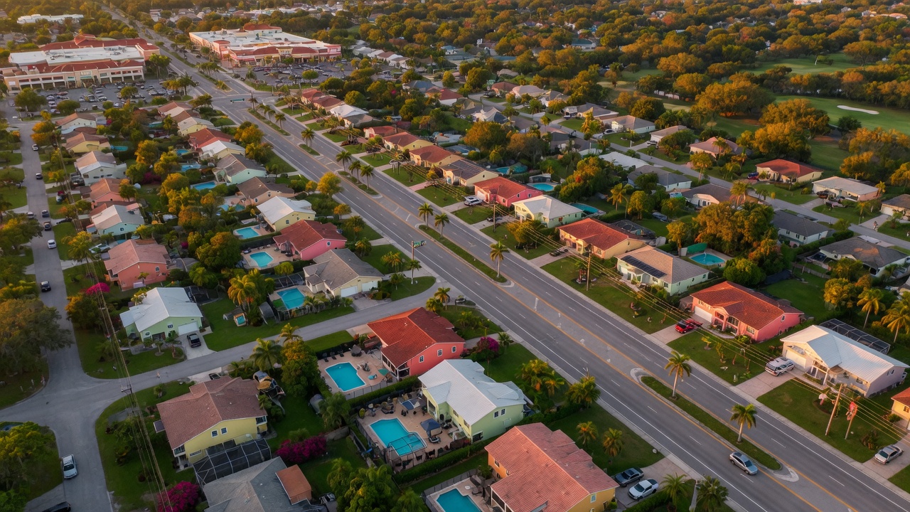 Aerial view style ultra-realistic 8K image of Alico Road and surrounding South Fort Myers residential neighborhoods 33967 with typical Florida homes and greenery
