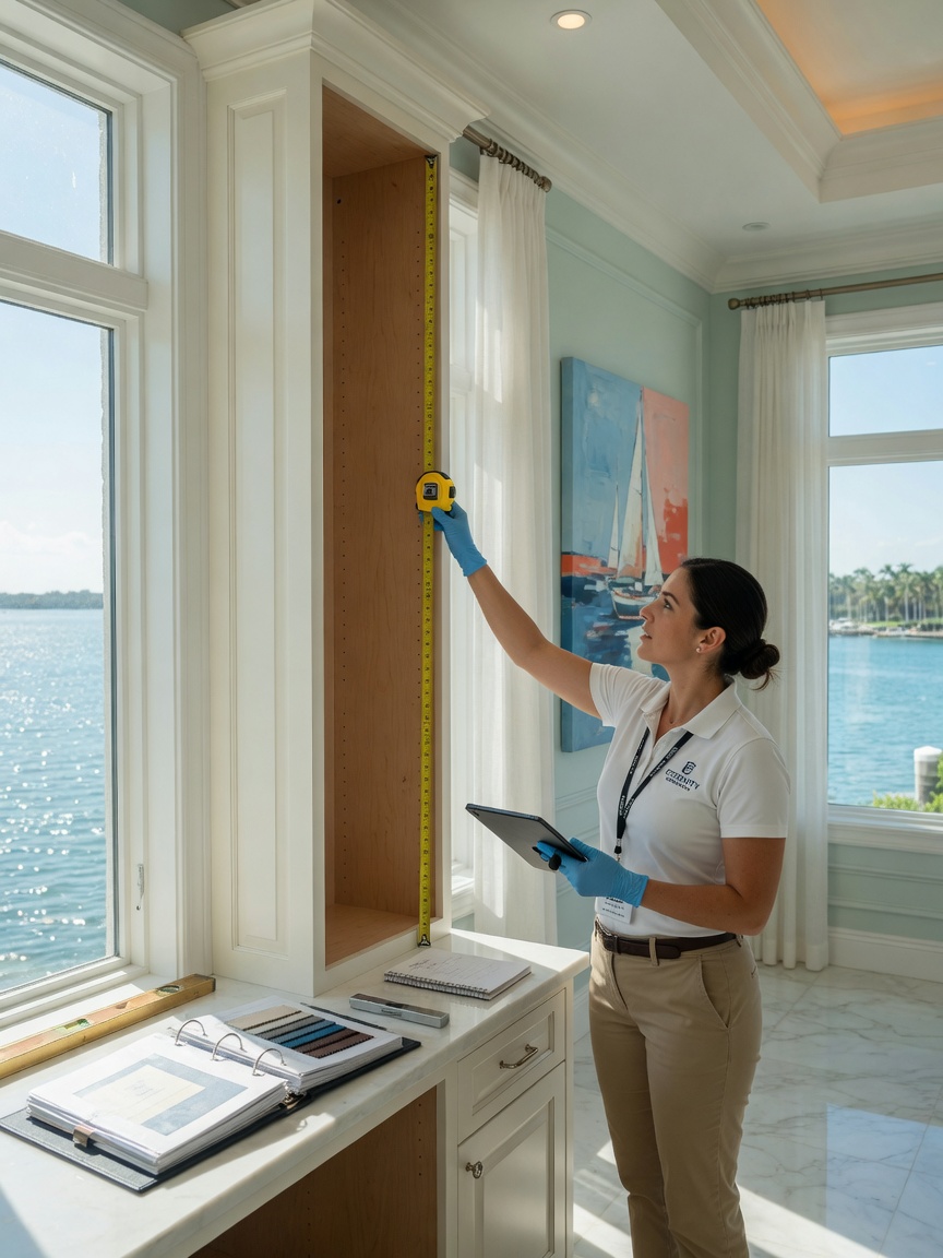 Eternity Cabinet team member measuring cabinets in an elegant Naples waterfront home, respectful professional demeanor, bright coastal interior, ultra-realistic 8K