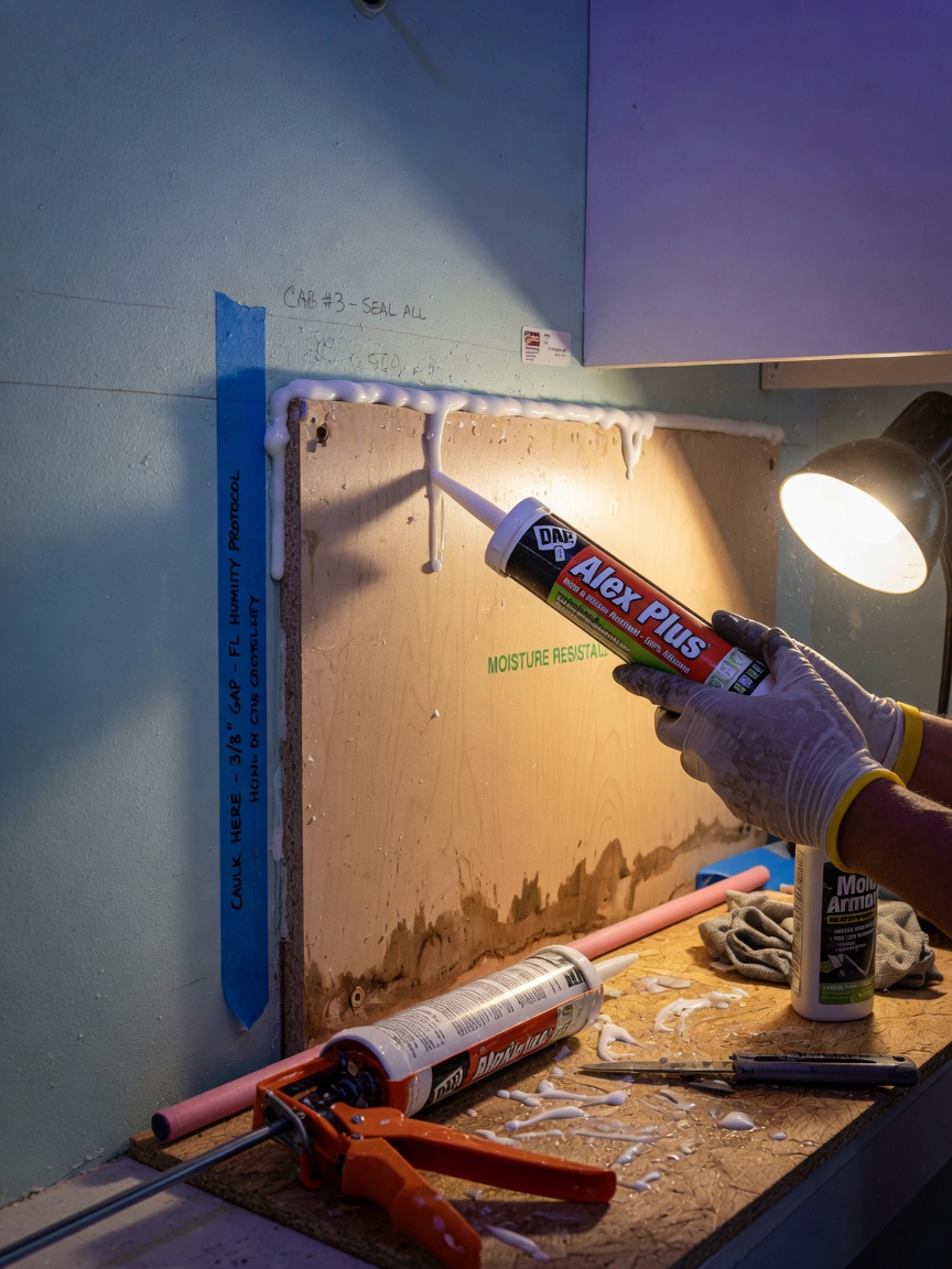 Ultra-realistic 8K photograph of moisture protection techniques during cabinet installation in humid Florida climate, caulking back of cabinet, detailed close-up with realistic materials