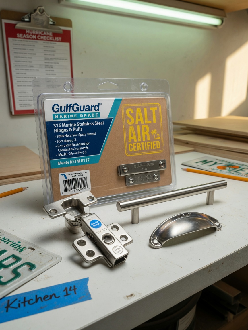 Ultra-realistic 8K close-up of cabinet hardware rated for salt air corrosion resistance, stainless steel hinges and pulls, labeled packaging, placed on a clean workbench in Fort Myers workshop