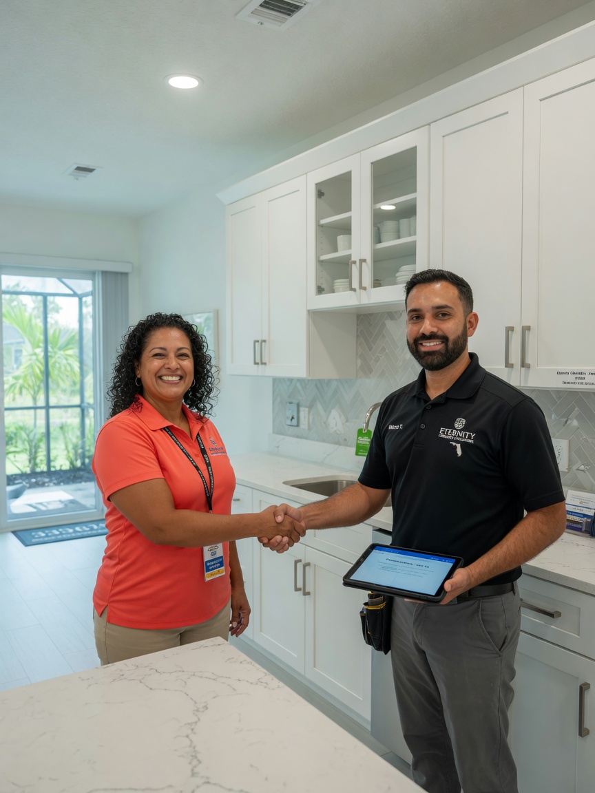 Professional 8K photo of a satisfied Southwest Florida property manager shaking hands with Eternity Cabinet technician in front of newly installed commercial cabinets inside a clean rental unit in 33967
