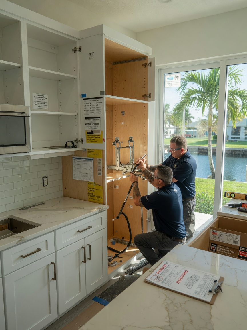 Ultra-realistic 8K photograph of hurricane-resistant cabinet installation meeting wind load codes in a new Cape Coral kitchen, modern shaker style cabinets, bright natural light