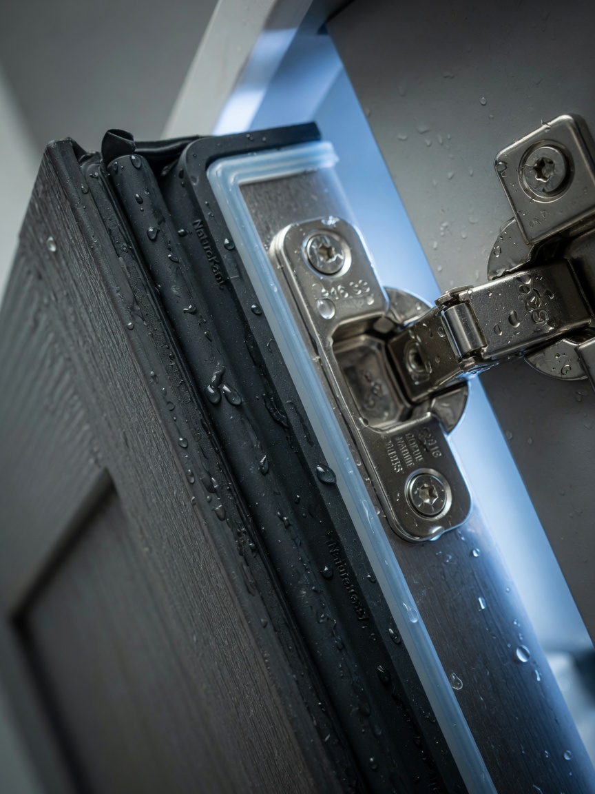 Detailed 8K macro photograph of NatureKast weatherproof cabinet door seal and hardware, showing water resistance features, high quality stainless components, realistic textures and materials