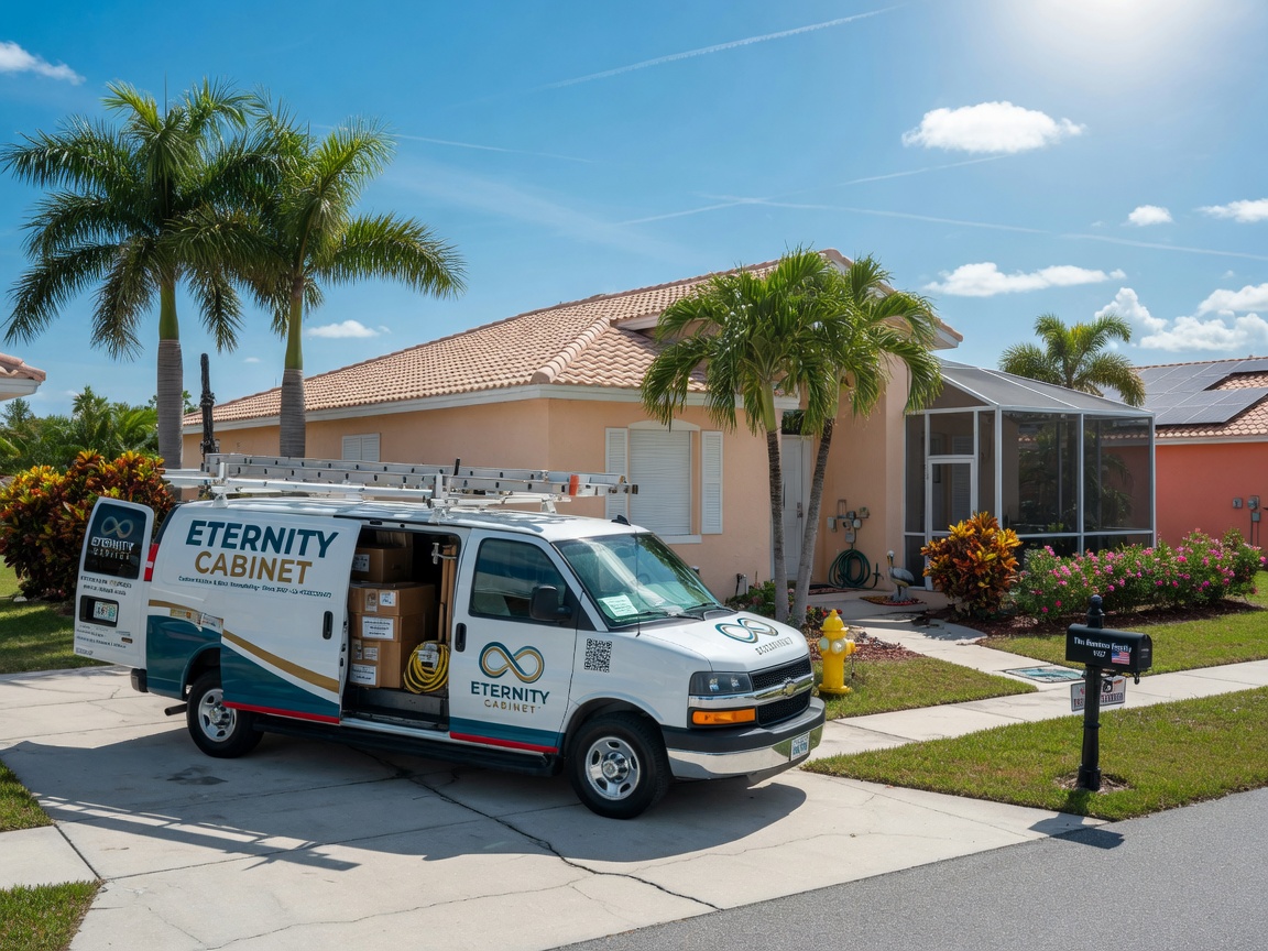 Ultra-realistic 8K photograph of a service van from Eternity Cabinet parked in front of a typical Southwest Florida single family home with palm trees, bright sunny day