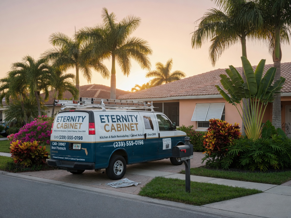 Eternity Cabinet service van parked outside a single family home in 33967 zip code, early morning light, palm trees and tropical landscaping visible