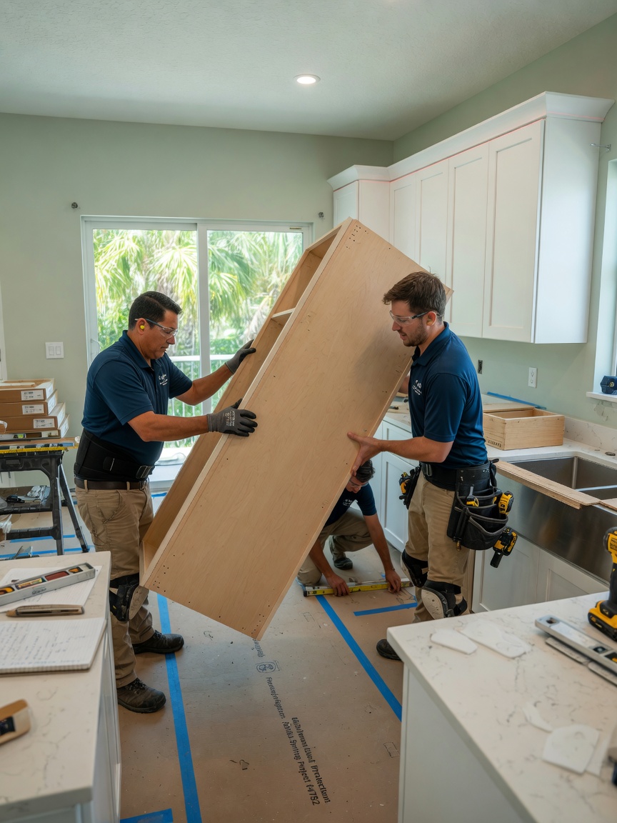 Ultra-realistic 8K image of a professional cabinet installation team carefully lifting and positioning a large base cabinet in a Bonita Springs kitchen with careful attention to alignment